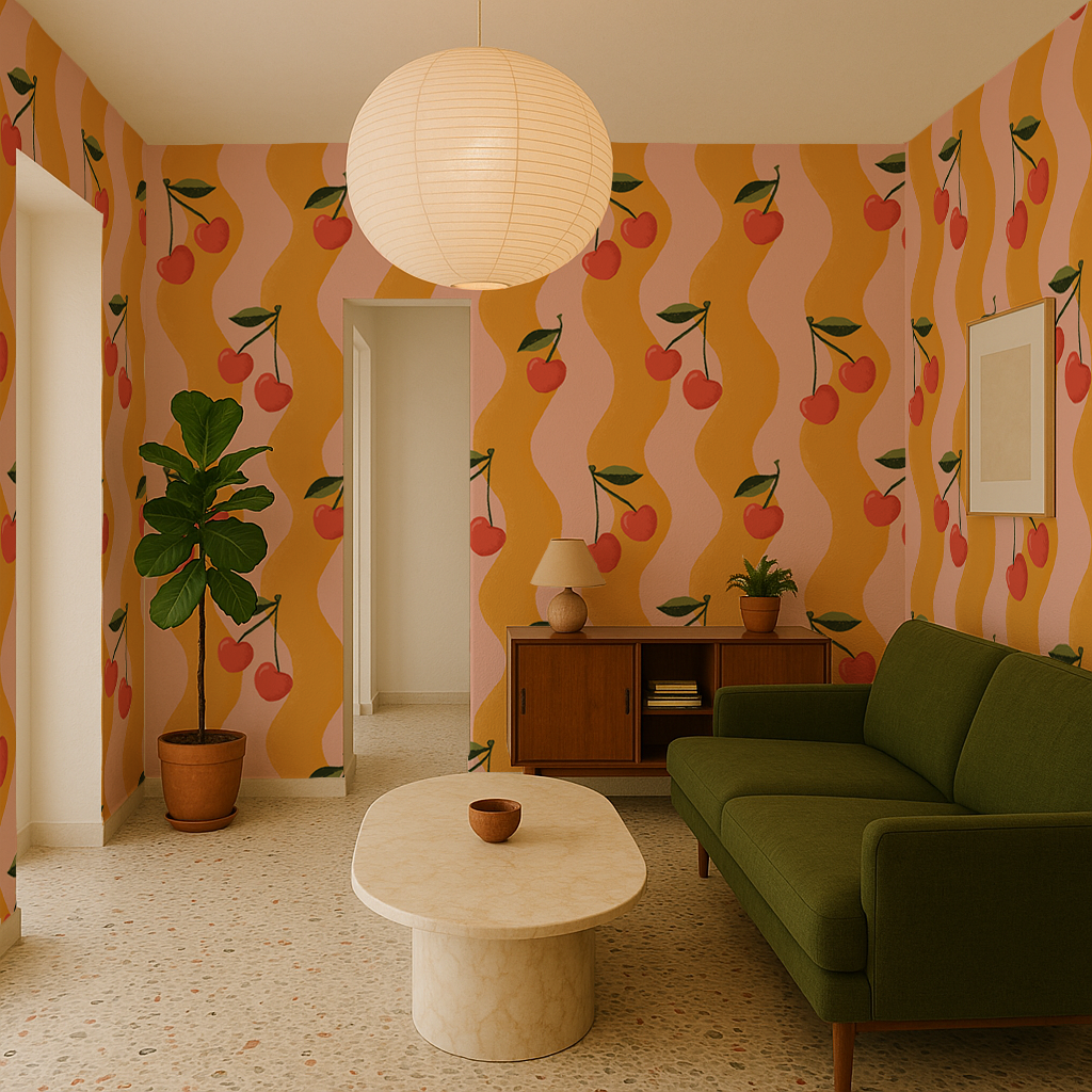 Wavy Cherry Wallpaper, pink and yellow- Samantha Santana Creative- {{Product type}}