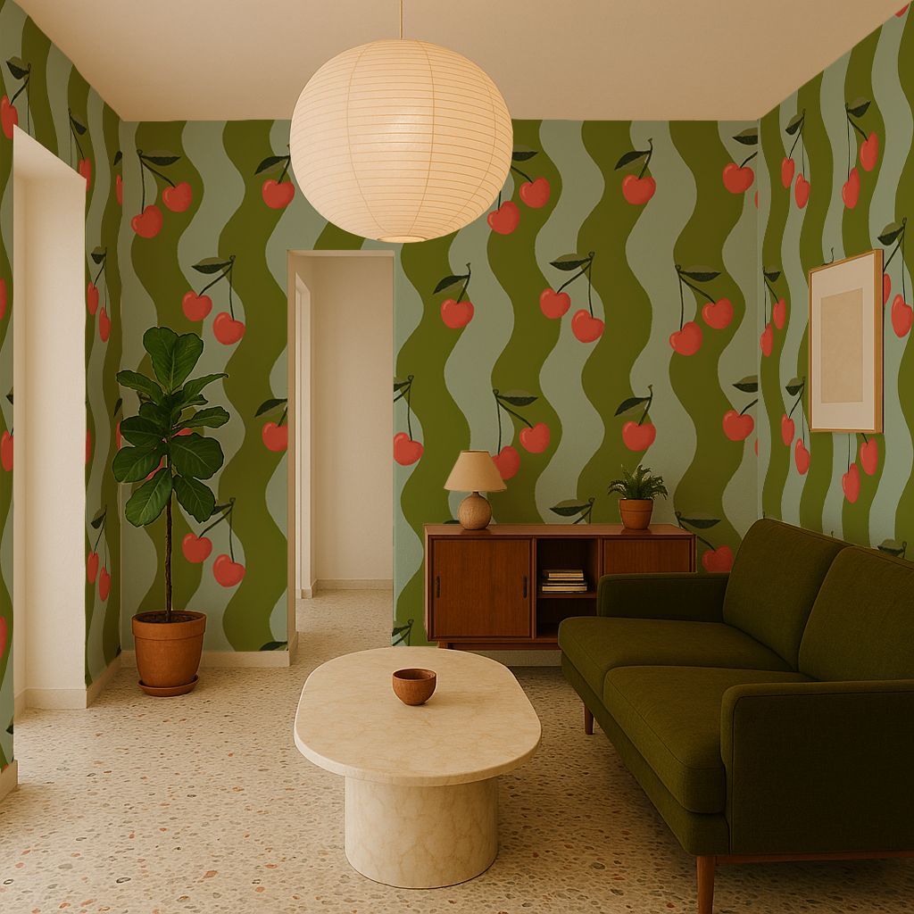 Wavy Cherry Wallpaper, teal and green- Samantha Santana Creative- {{Product type}}