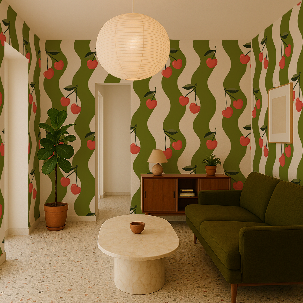 Wavy Cherry Wallpaper, white and green- Samantha Santana Creative- {{Product type}}