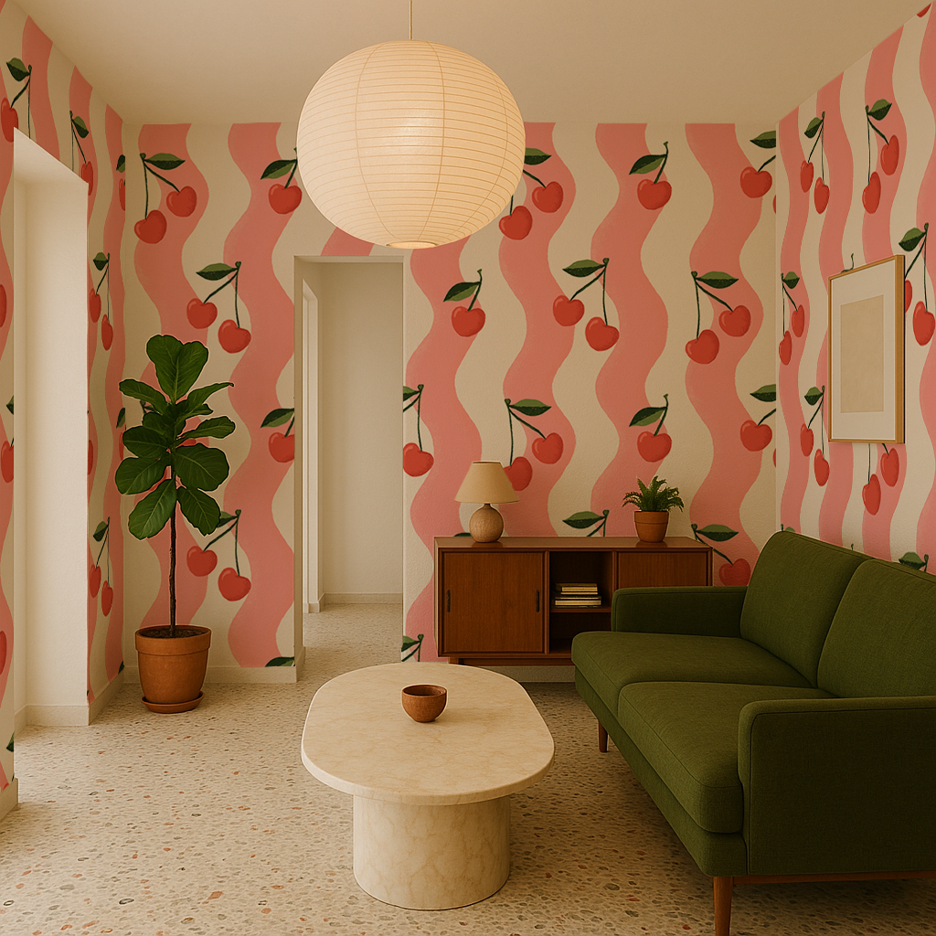 Wavy Cherry Wallpaper, white and pink- Samantha Santana Creative- {{Product type}}