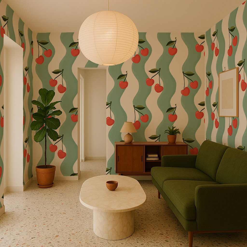 Wavy Cherry Wallpaper, white and teal- Samantha Santana Creative- {{Product type}}