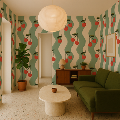 Wavy Cherry Wallpaper, white and teal- Samantha Santana Creative- {{Product type}}
