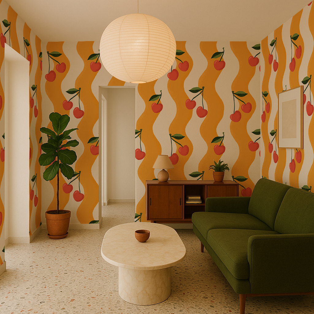 Wavy Cherry Wallpaper, white and yellow- Samantha Santana Creative- {{Product type}}