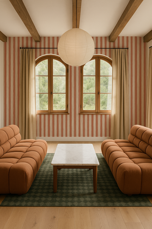 Riviera Stripe Wallpaper, off-white and rust - - Wallpaper