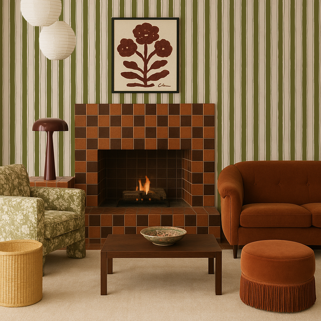 Riviera Stripe Wallpaper, off-white and olive green- Samantha Santana Creative- {{Product type}}