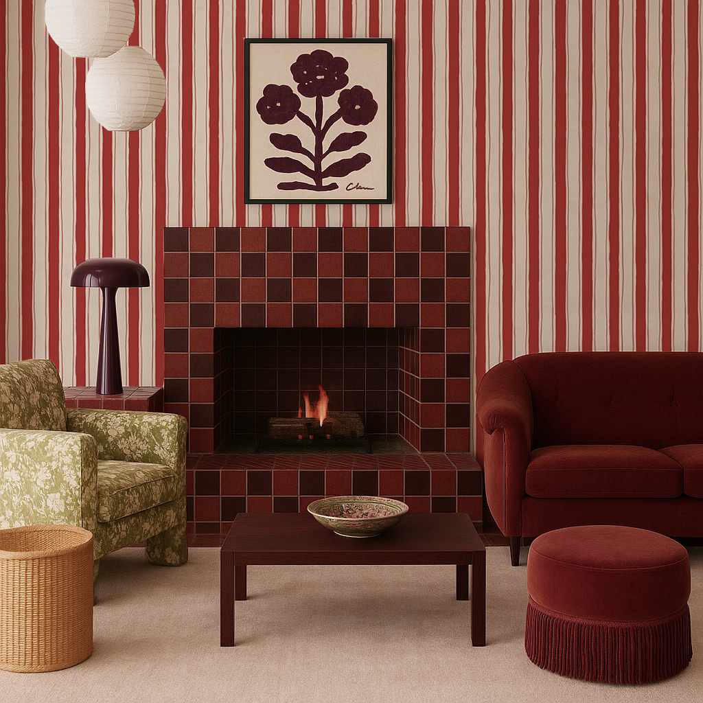 Riviera Stripe Wallpaper, off-white and red- Samantha Santana Creative- {{Product type}}