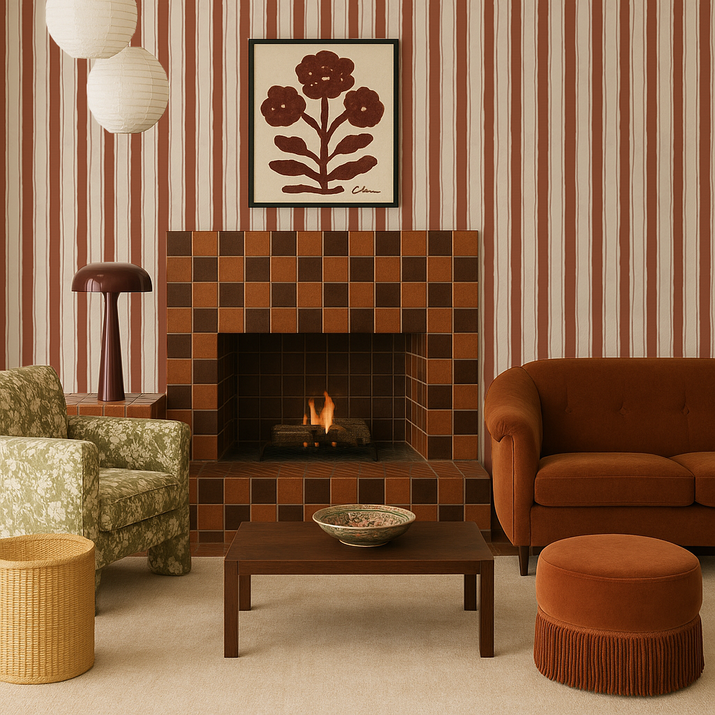 Riviera Stripe Wallpaper, off-white and rust- Samantha Santana Creative- {{Product type}}