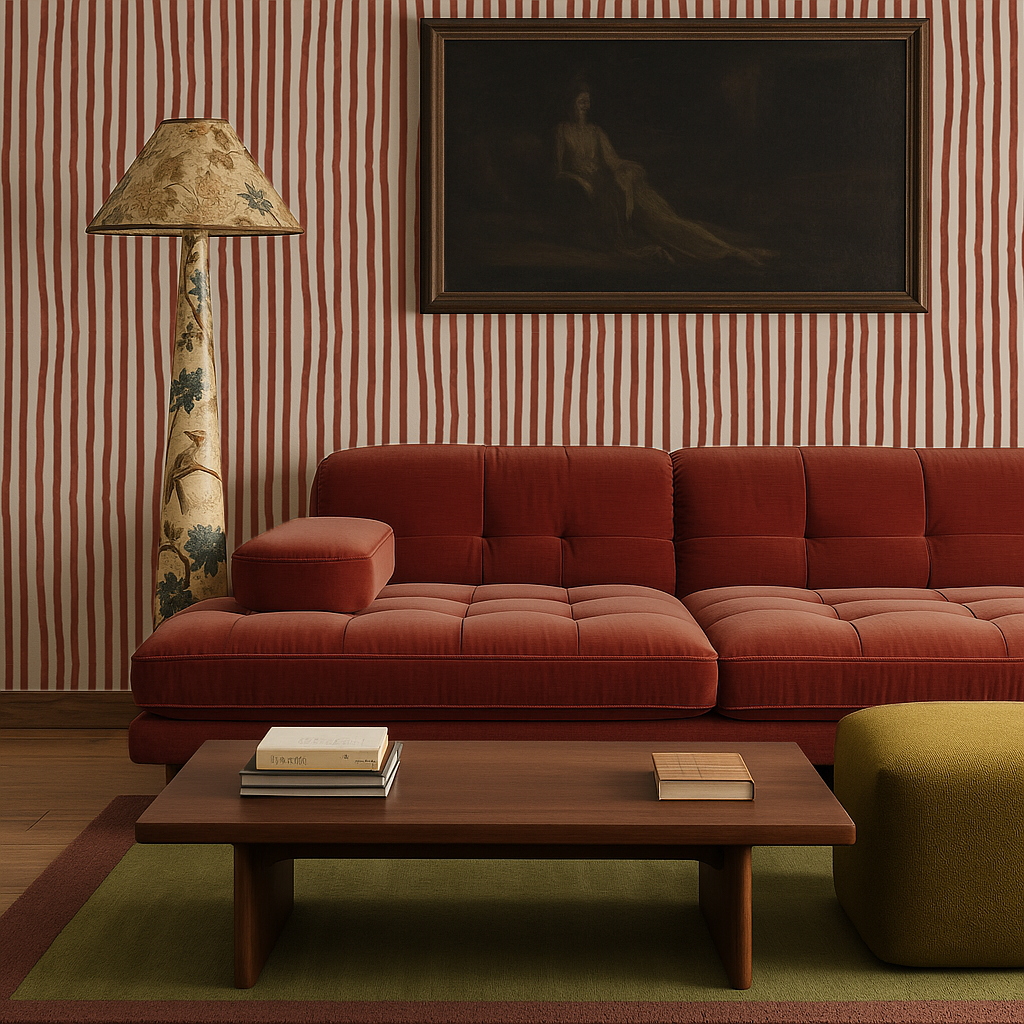 Dolce Stripe Wallpaper, off-white and brick red- Samantha Santana Creative- {{Product type}}