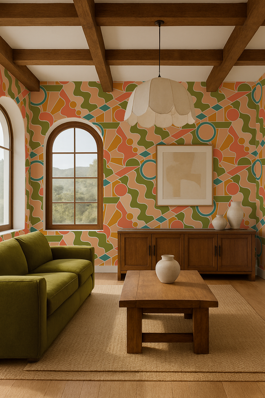 Day Trippin' Wallpaper Olive Green, Peach, Coral and Blue - - Wallpaper
