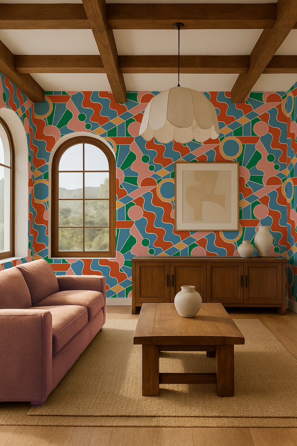 Day Trippin' Wallpaper, blue, green, pink and brick red- Samantha Santana Creative- {{Product type}}