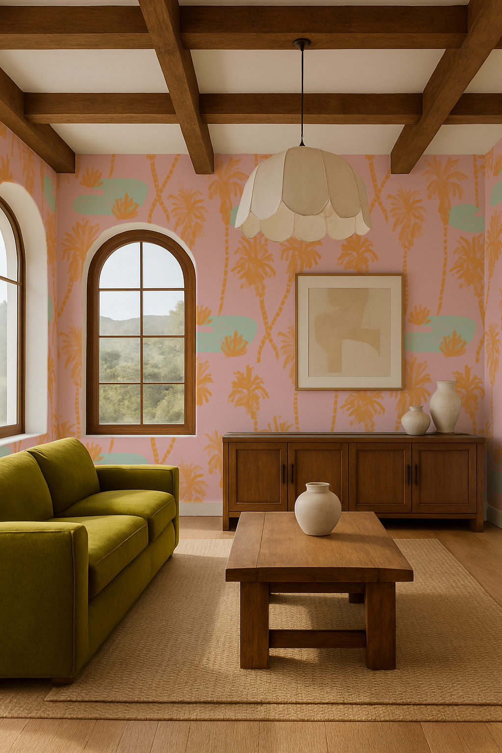 Palm Oasis Wallpaper, pink and orange- Samantha Santana Creative- {{Product type}}