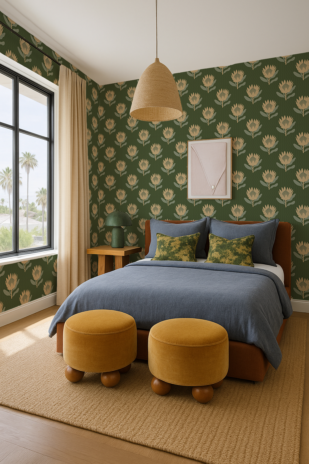 King Protea Wallpaper, forest green and butter yellow- Samantha Santana Creative- {{Product type}}