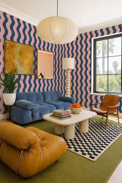 Ziggy Stripe Wallpaper, blue and pink- Samantha Santana Creative- {{Product type}}