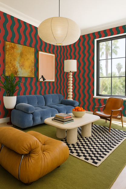 Ziggy Stripe Wallpaper, dark teal and brick red- Samantha Santana Creative- {{Product type}}