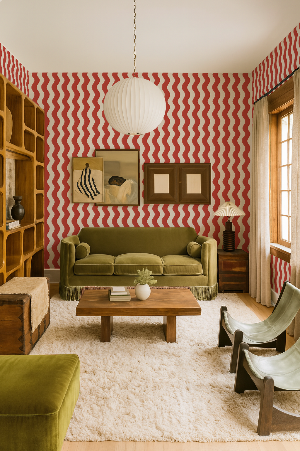 Ziggy Stripe Wallpaper, white and brick red- Samantha Santana Creative- {{Product type}}