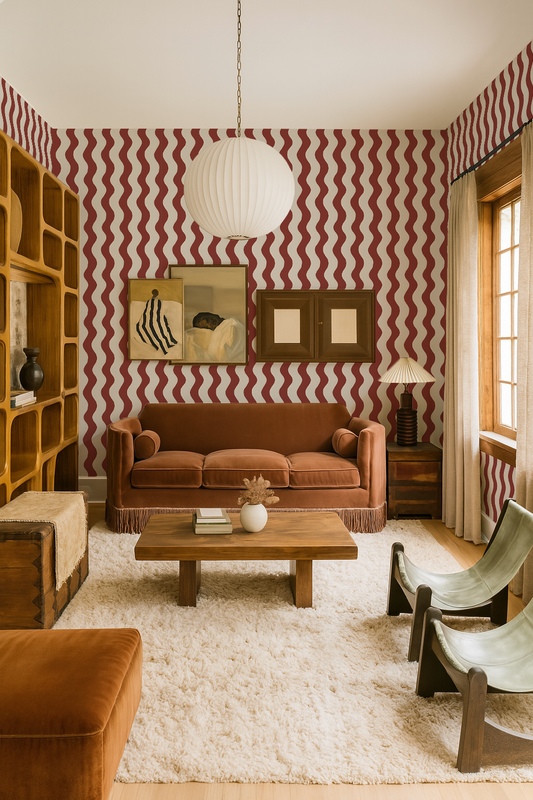 Ziggy Stripe Wallpaper, white and chili oil - - Wallpaper