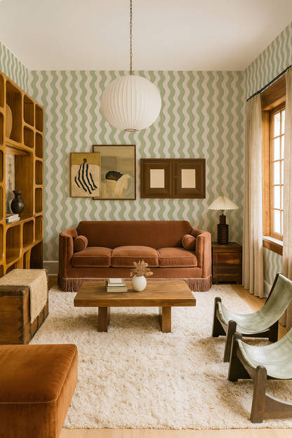 Ziggy Stripe Wallpaper, white and dusty lime- Samantha Santana Creative- {{Product type}}