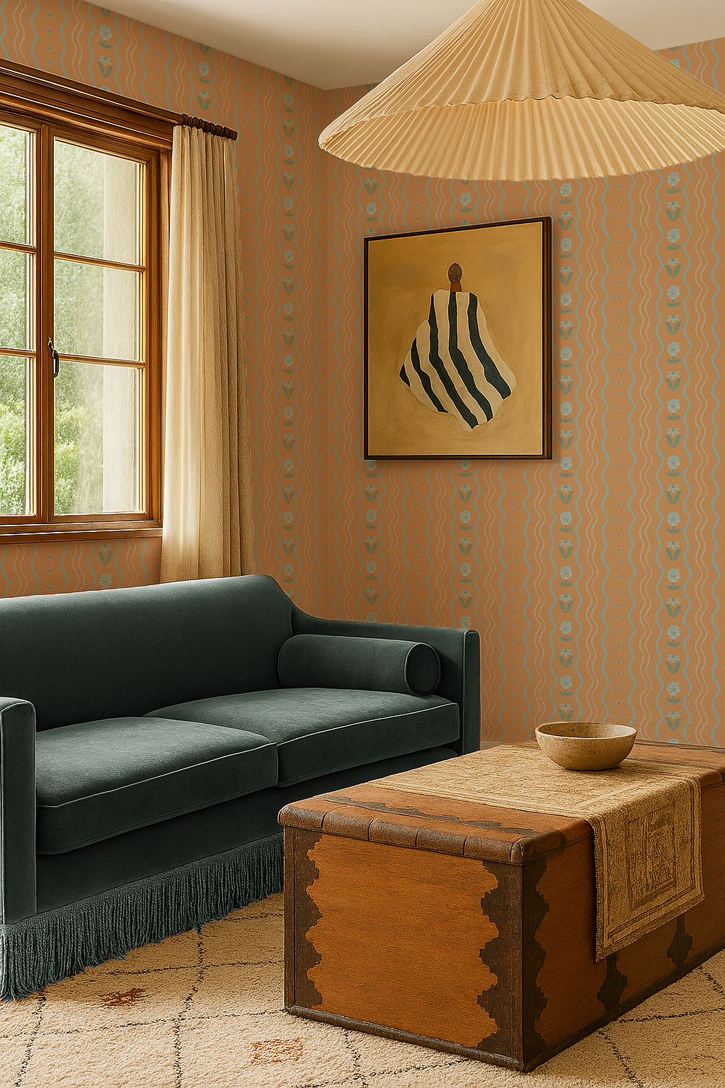 Posy Lane Stripe Wallpaper, apricot and light blue- Samantha Santana Creative- {{Product type}}