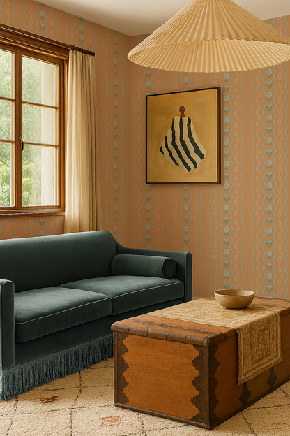 Posy Lane Stripe Wallpaper, apricot and light blue- Samantha Santana Creative- {{Product type}}