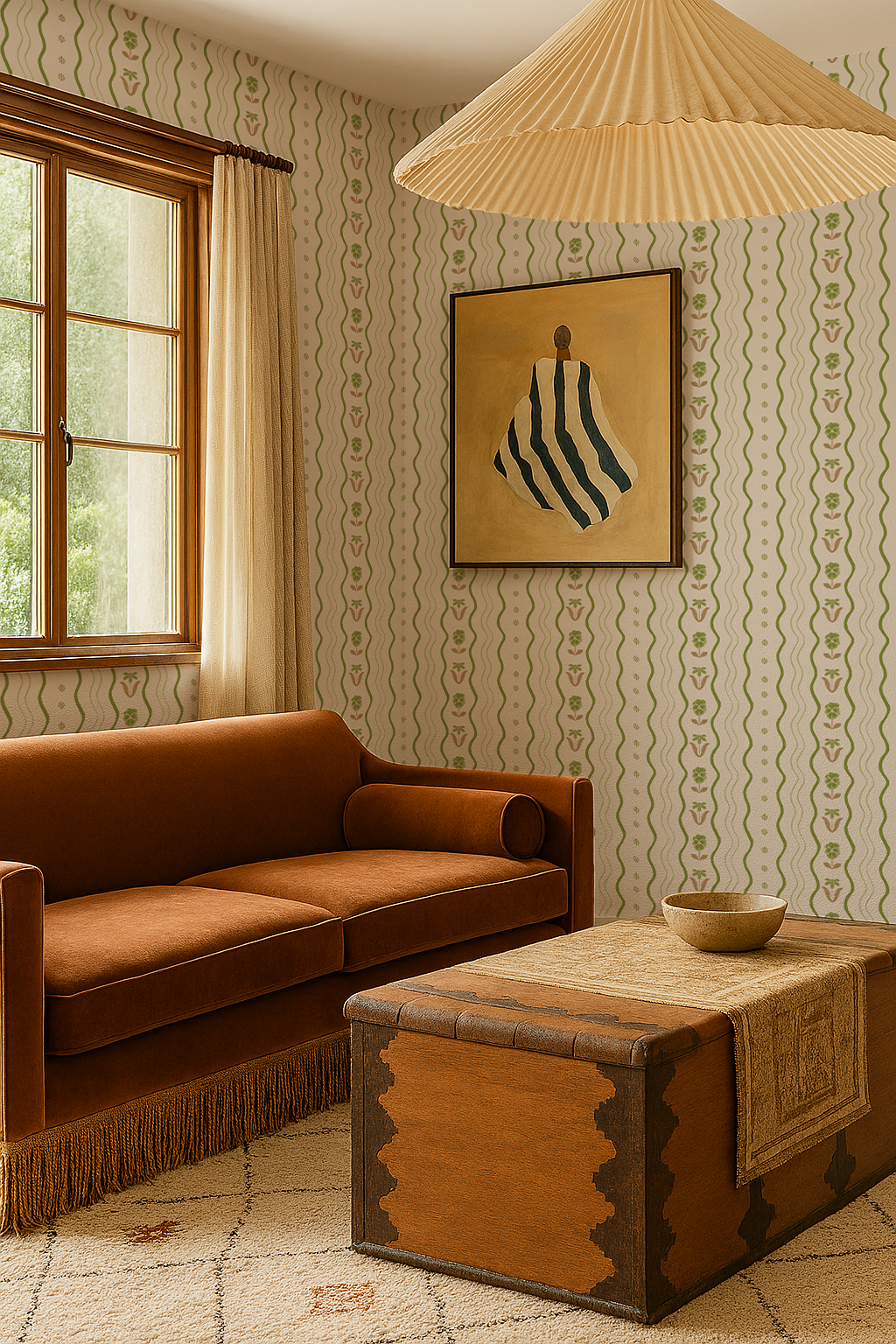 Posy Lane Stripe Wallpaper, beige and green- Samantha Santana Creative- {{Product type}}