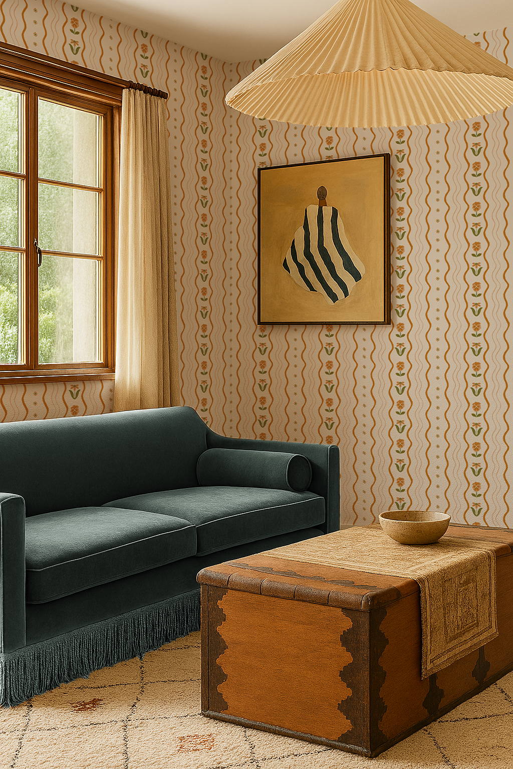 Posy Lane Stripe Wallpaper, beige and orange- Samantha Santana Creative- {{Product type}}