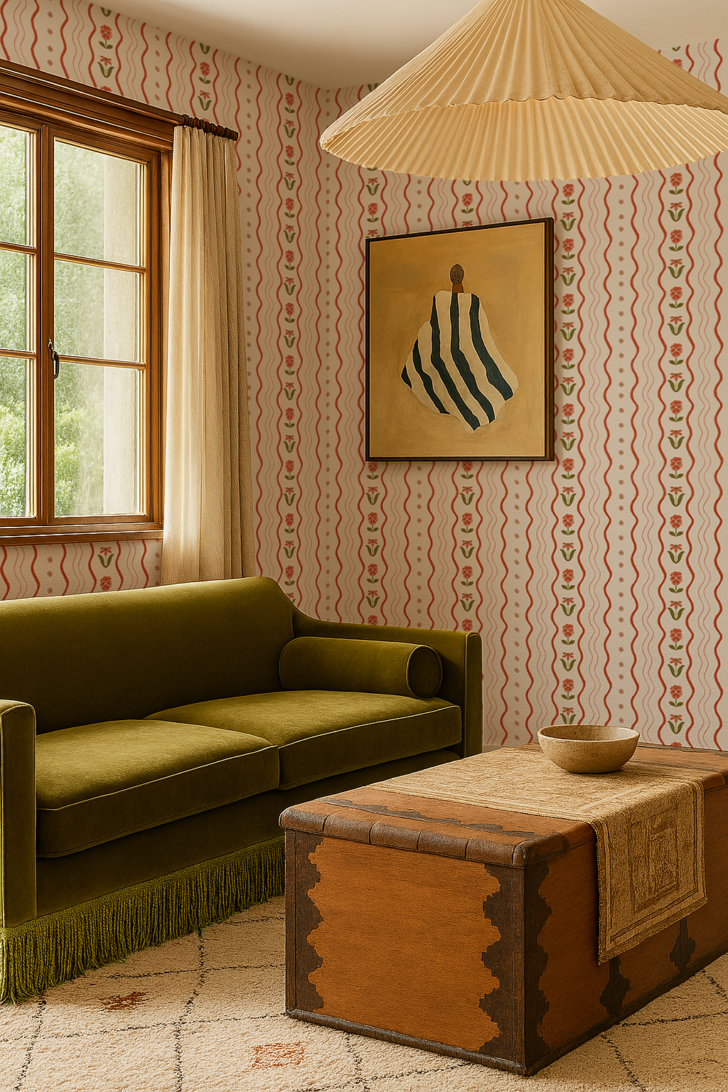 Posy Lane Stripe Wallpaper, beige and poppy red- Samantha Santana Creative- {{Product type}}