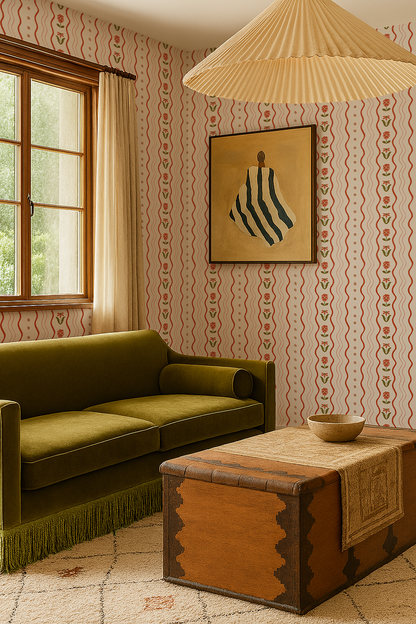 Posy Lane Stripe Wallpaper, beige and poppy red- Samantha Santana Creative- {{Product type}}