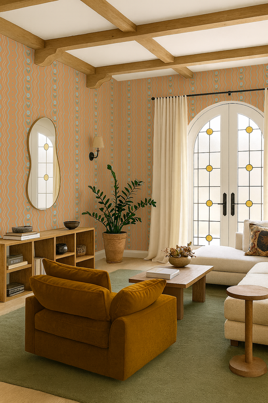 Posy Lane Stripe Wallpaper apricot and light blue - - Wallpaper