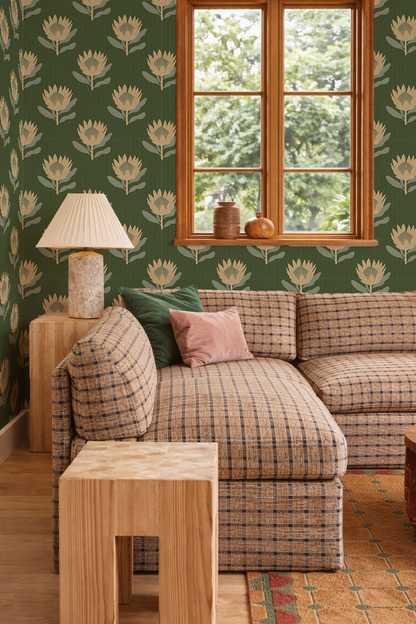 King Protea Wallpaper, forest green and butter yellow- Samantha Santana Creative- {{Product type}}