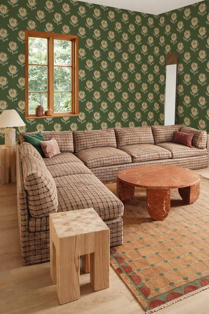 King Protea Wallpaper, forest green and butter yellow- Samantha Santana Creative- {{Product type}}