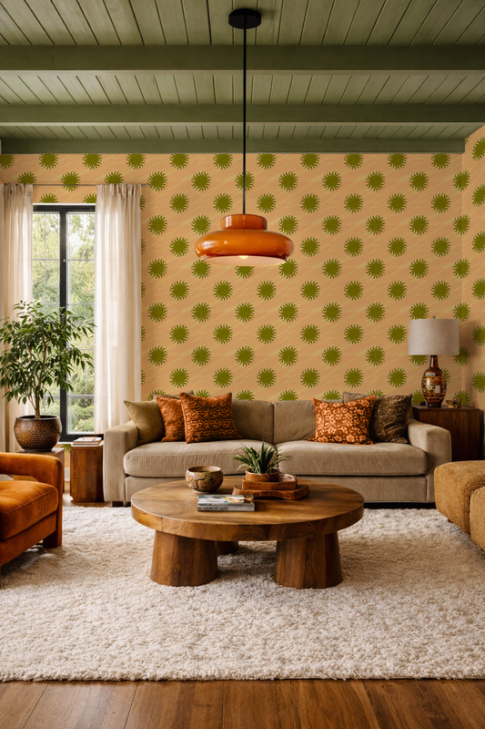 Sol Wallpaper, peach and olive green - - Wallpaper