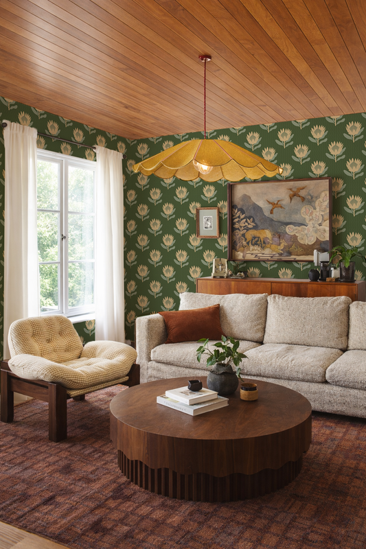 King Protea Wallpaper Forest Green and Butter Yellow - - Wallpaper