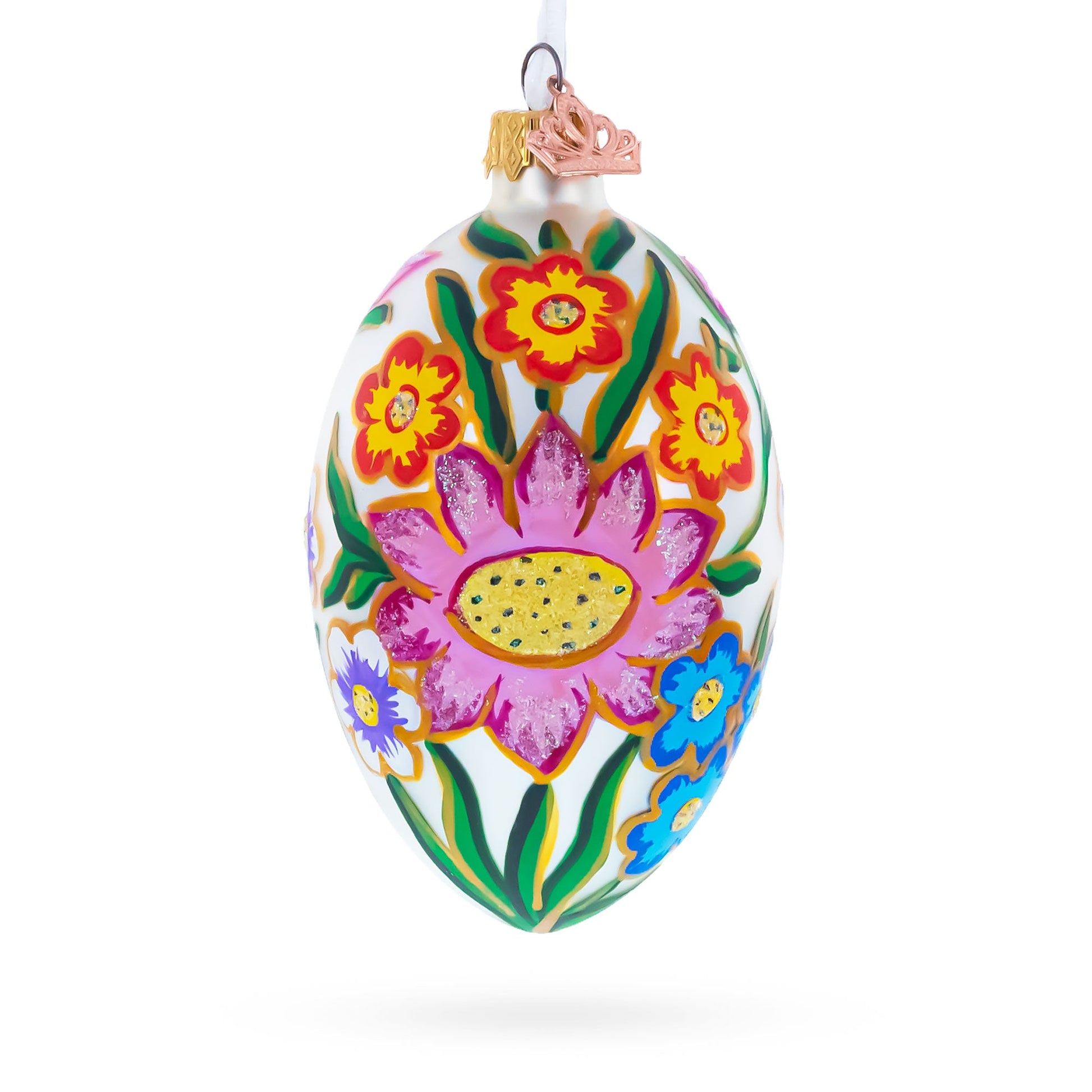 Colorful Flowers Glass Egg Ornament 4 Inches - - Christmas Ornaments > Glass > Egg > Flowers