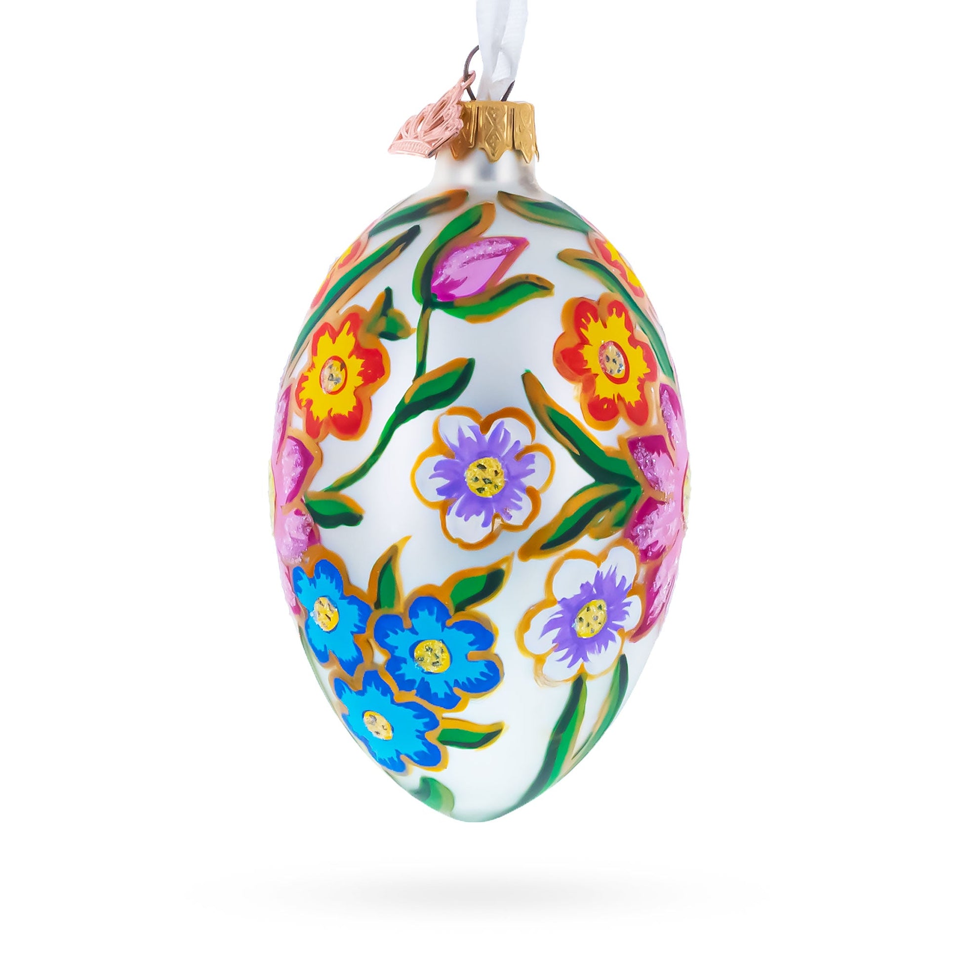 Colorful Flowers Glass Egg Ornament 4 Inches - - Christmas Ornaments > Glass > Egg > Flowers