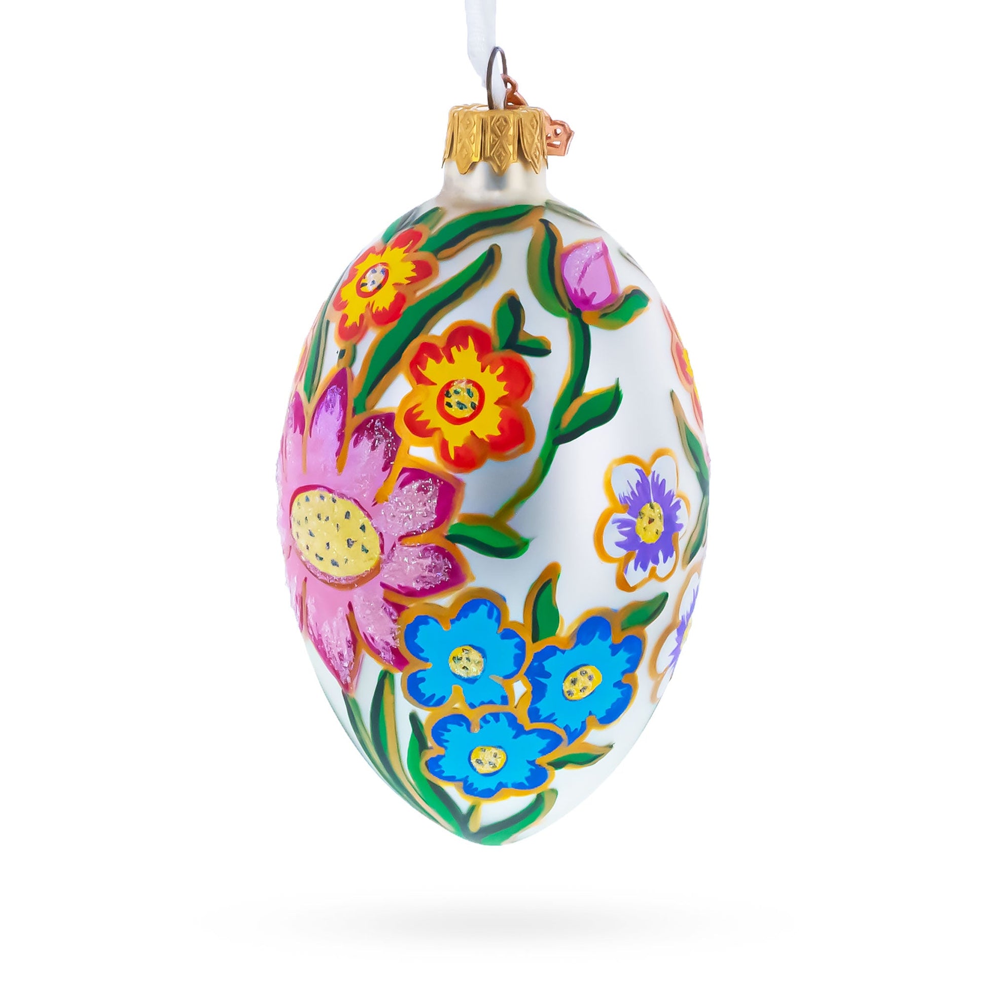 Colorful Flowers Glass Egg Ornament 4 Inches - - Christmas Ornaments > Glass > Egg > Flowers