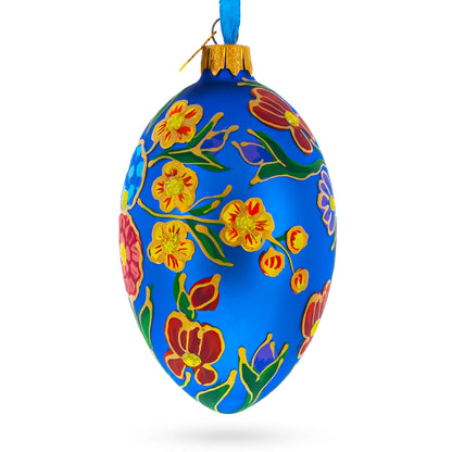 Colorful Flowers on Blue Glass Egg Ornament 4 Inches - - Christmas Ornaments > Glass > Egg > Flowers
