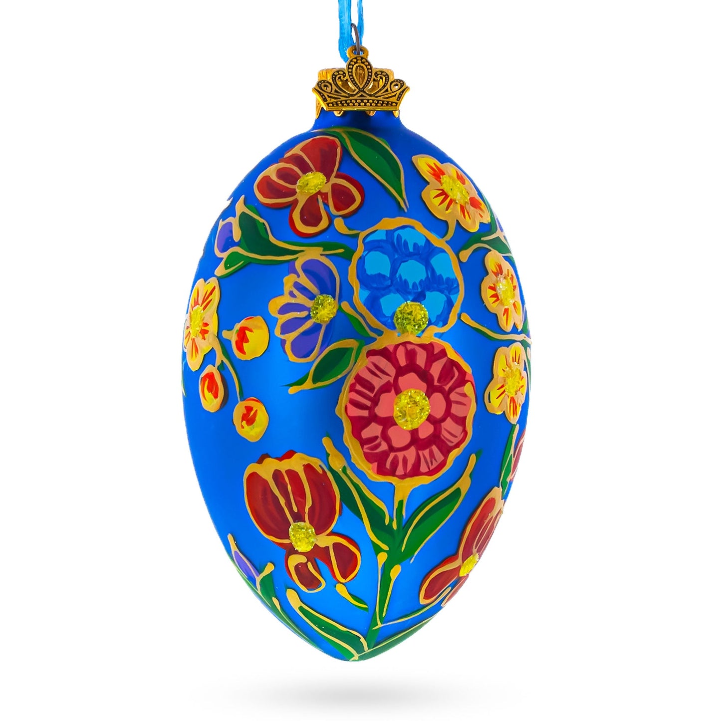Colorful Flowers on Blue Glass Egg Ornament 4 Inches - - Christmas Ornaments > Glass > Egg > Flowers