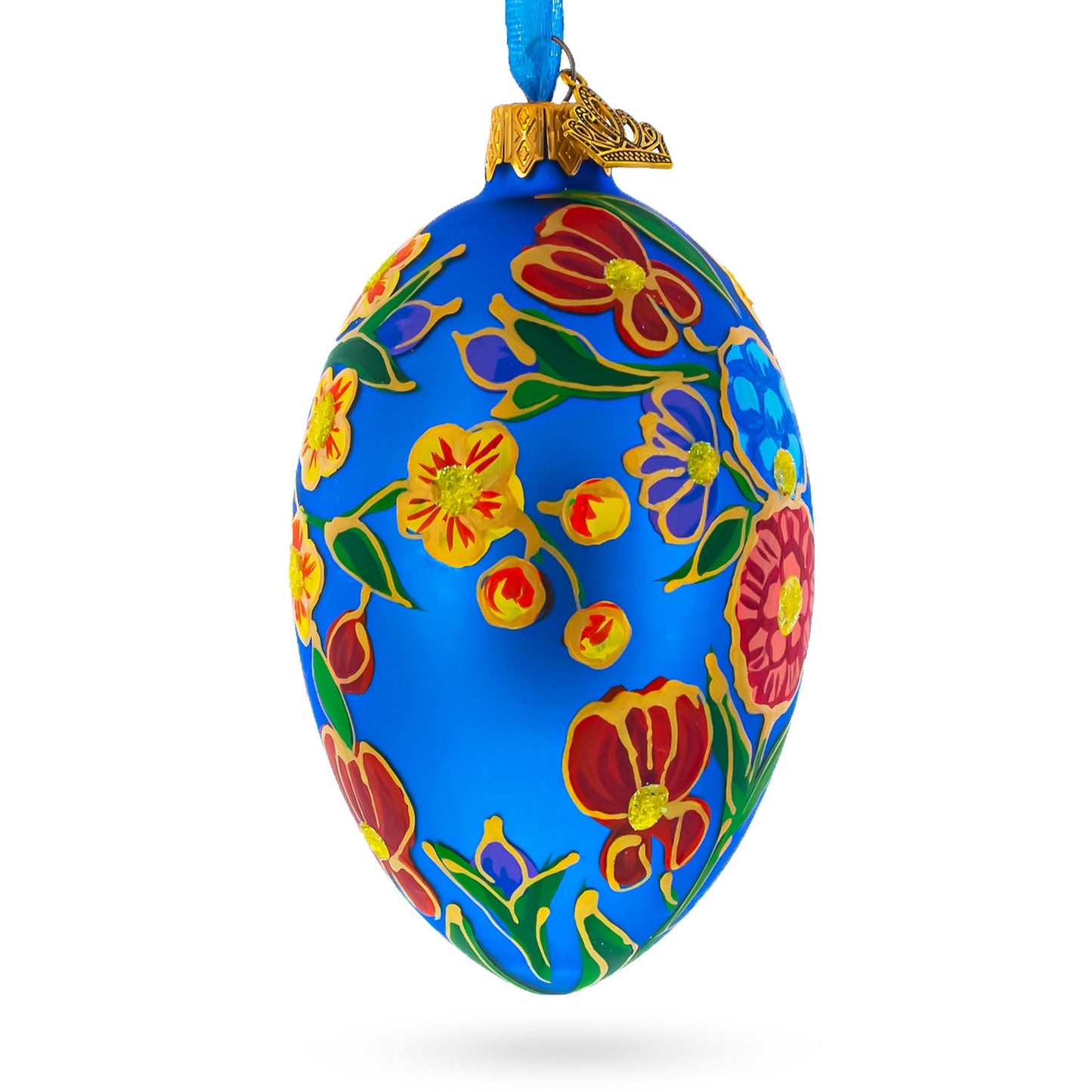 Colorful Flowers on Blue Glass Egg Ornament 4 Inches - - Christmas Ornaments > Glass > Egg > Flowers