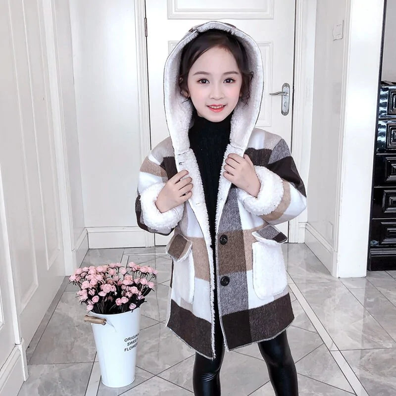 Girl's Plaid Thick Lamb Woolen Coat