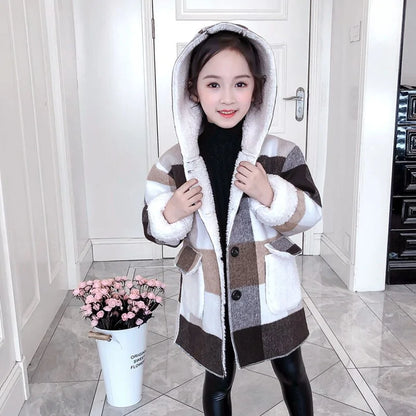 Girls Plaid Thick Lamb Woolen Coat