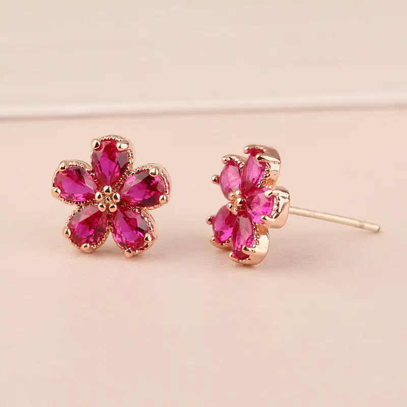 S925 Silver Ruby Floral Stud Earrings for Women