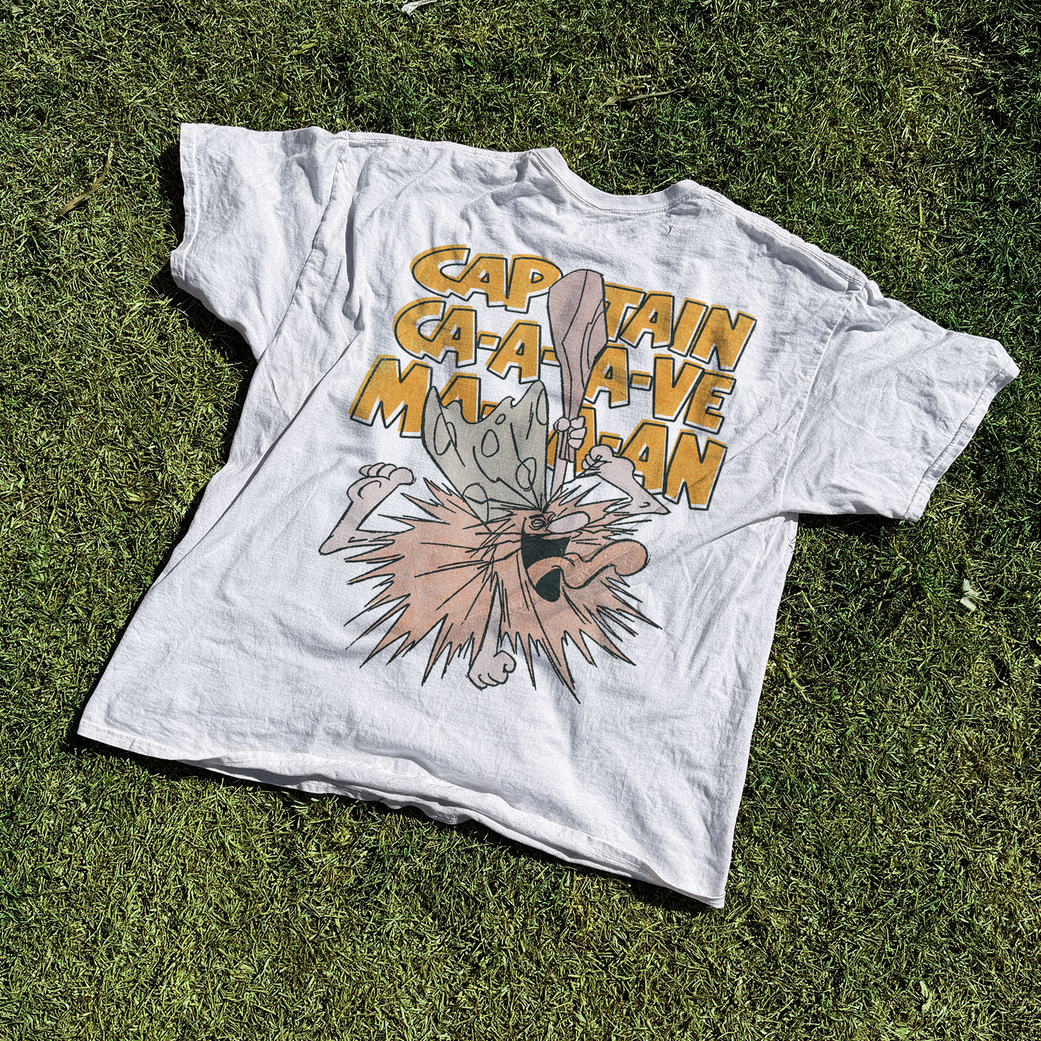 Captain Caveman 'Unga Bunga' Vintage Washed White Tee - - T-Shirt