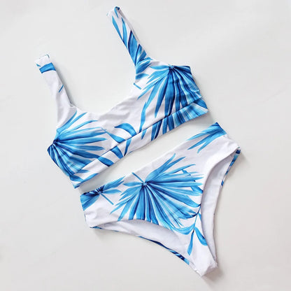 Tropical Palm Leaf High Waist : Scoop Neck White Swimwear for Women