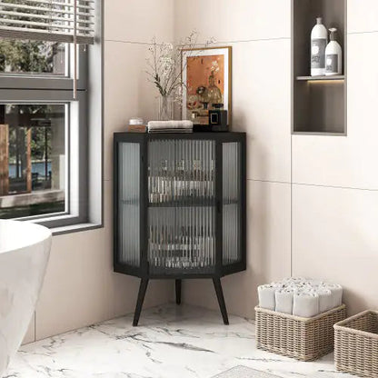 Floor Corner Cabinet with Tempered Glass Door and Storage Shelves - Kia Day Design