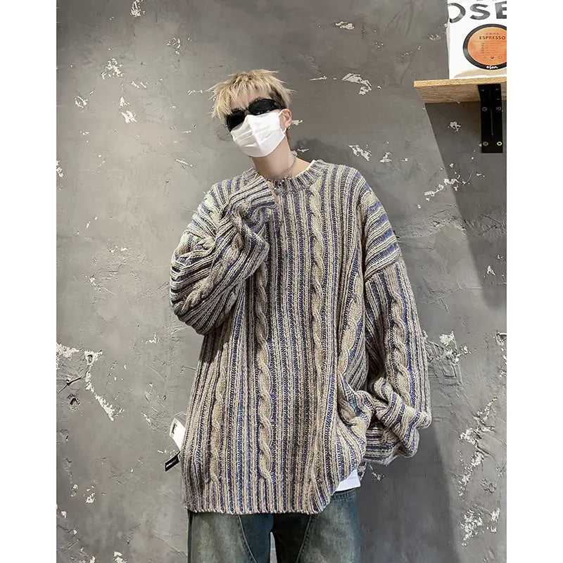 Retro Striped American Loose Fit Round Neck Sweater - Kia Day Design