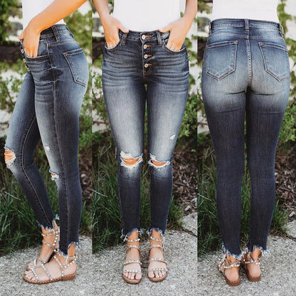 High-Elastic Ripped Slim-Fit Mid-Waist Jeans for Women