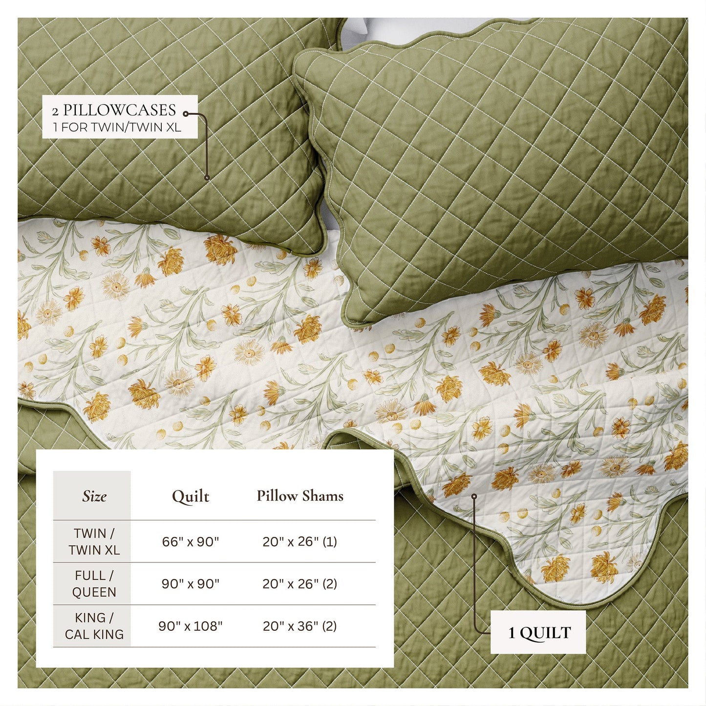 Floral Print & Scallopeded Edge Cotton Quilt Set - Illiana Collection - - Quilts & Comforters