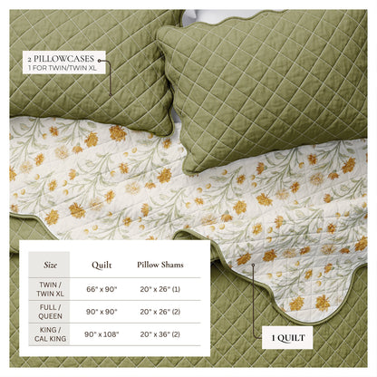 Floral Print & Scallopeded Edge Cotton Quilt Set - Illiana Collection - - Quilts & Comforters