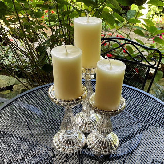 Set of 3 Mercury Glass Pillar Candle Holders - Set Three 3x6 White Pillars - Container Candles