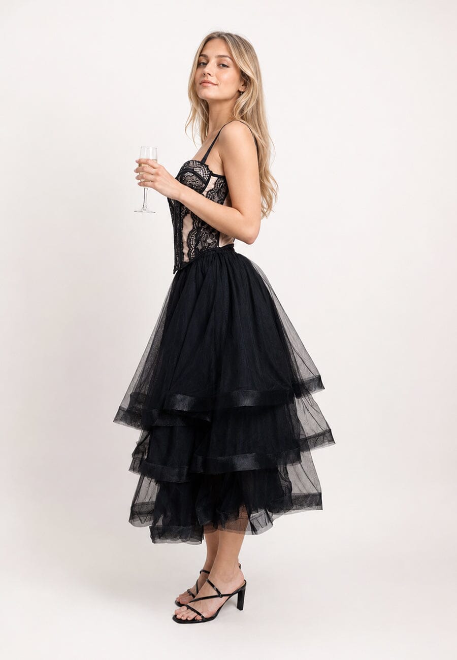 Mesh Skirt With Tiered Ruffle - - SKIRT